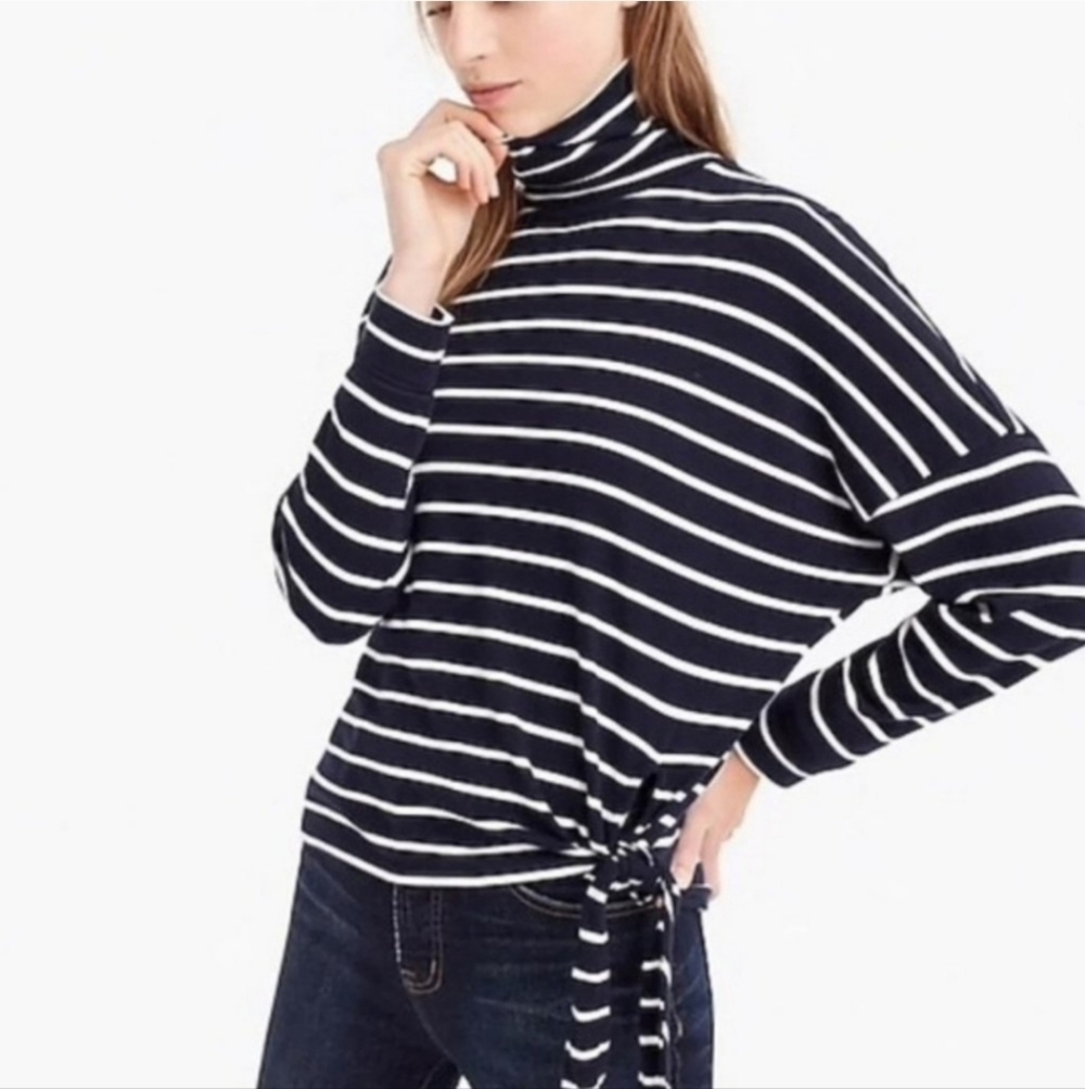 J Crew Oversized Turtleneck Striped Top Tie Side size S Navy White Nautical